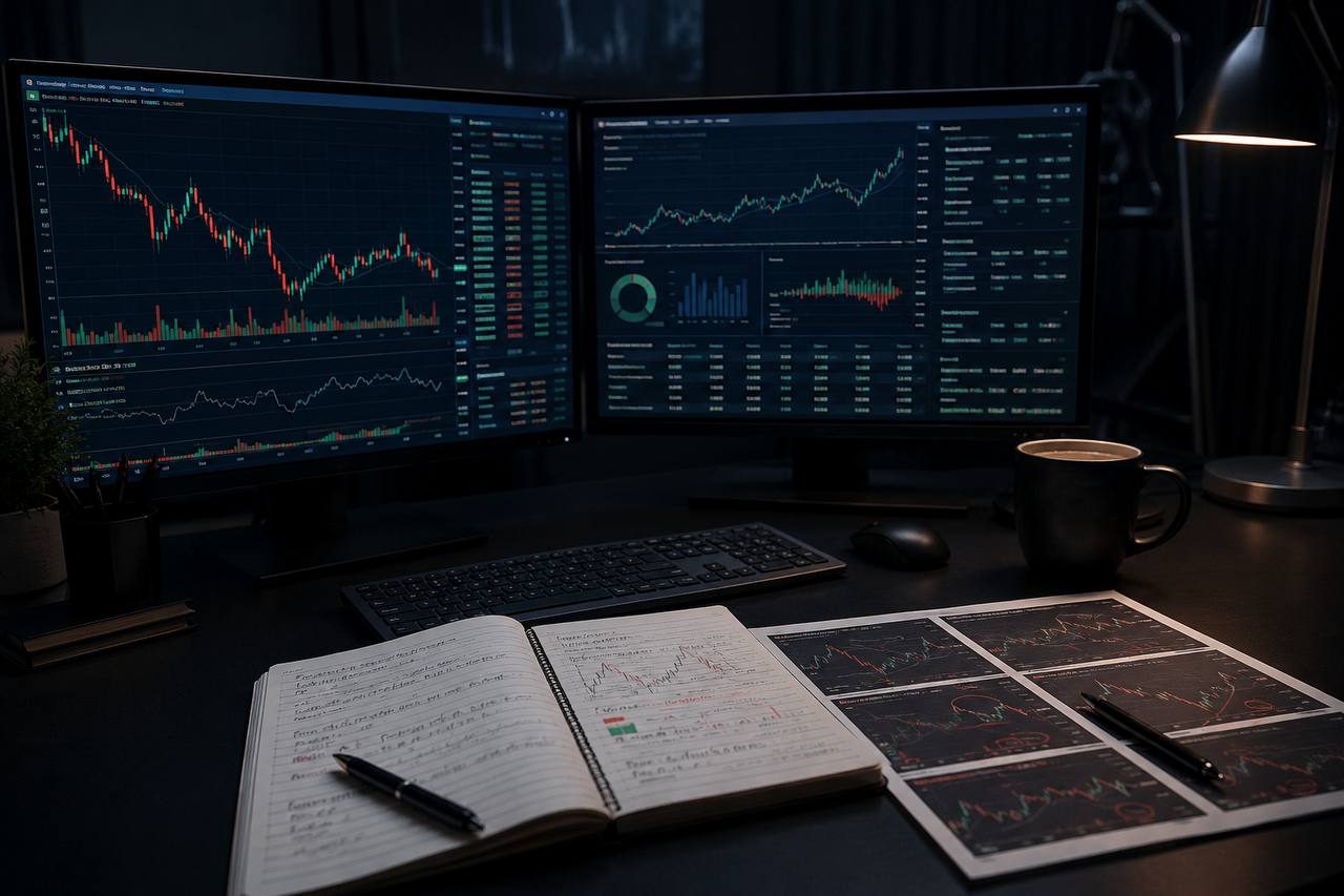 Professional day trader reviewing trades at a dark workstation with charts, notebook, and printed trade screenshots