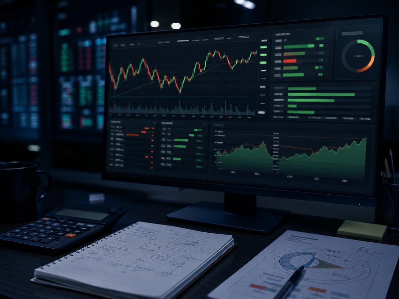 Dark trading desk with an intraday margin dashboard, market charts, calculator, and notes for post-PDT buying power math