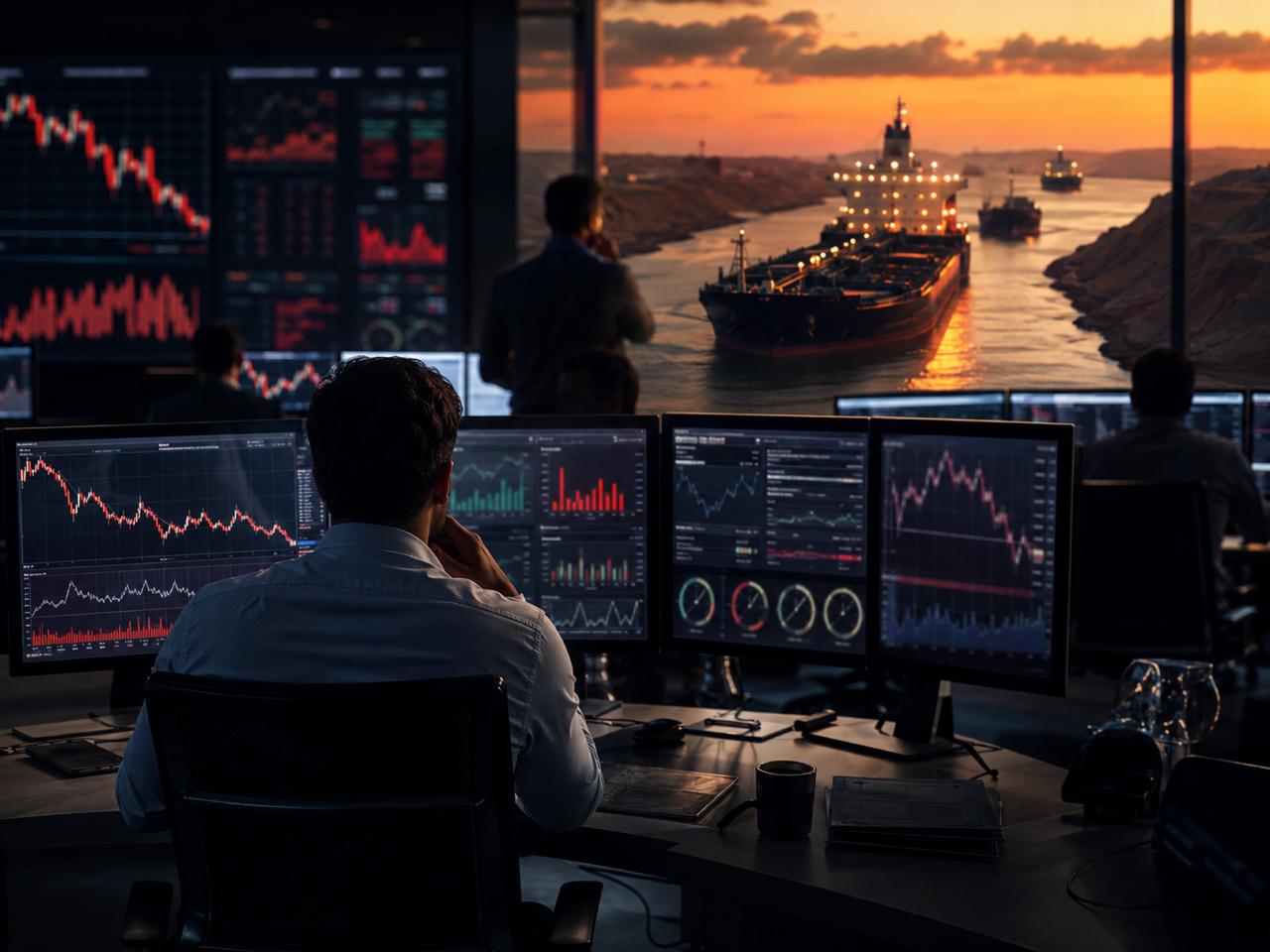 Macro trading desk with oil tanker traffic at sunset and market screens showing energy-driven volatility