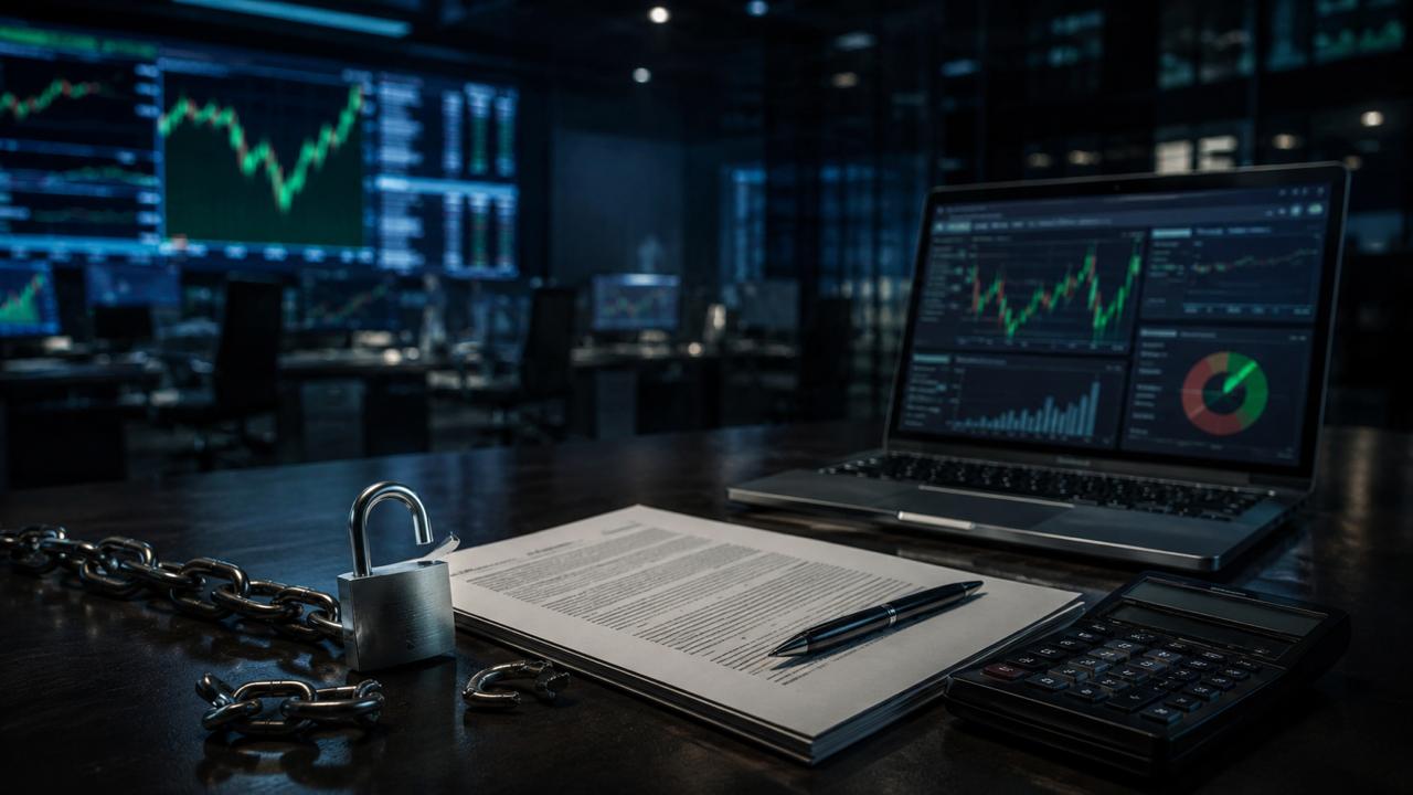 Trading desk with an unlocked padlock, SEC rule documents, market charts, and calculator representing the end of the PDT rule