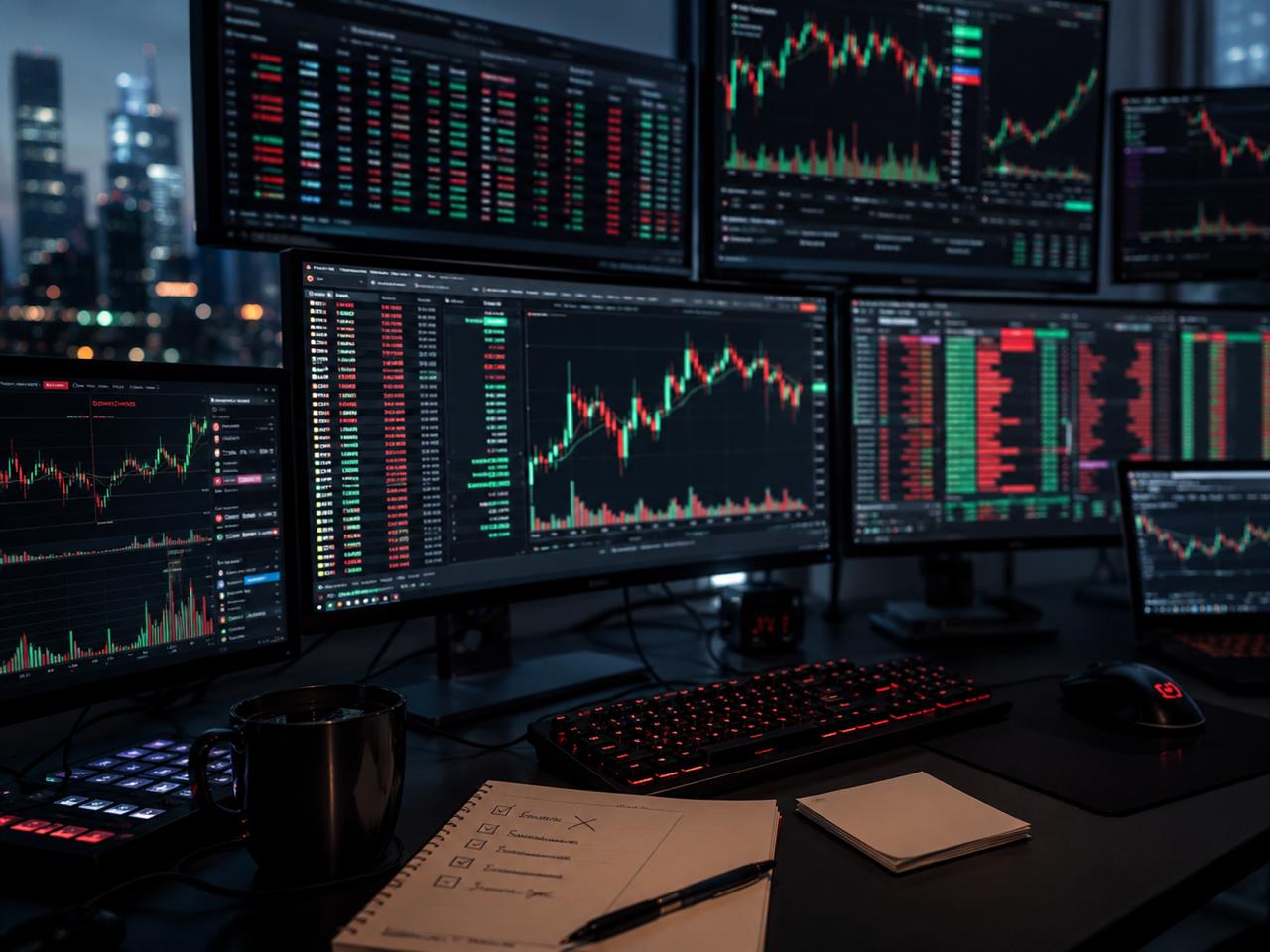 Dark trading desk with multiple stock scanner screens, momentum charts, watchlists, and checklist notes for small-cap day trading setups