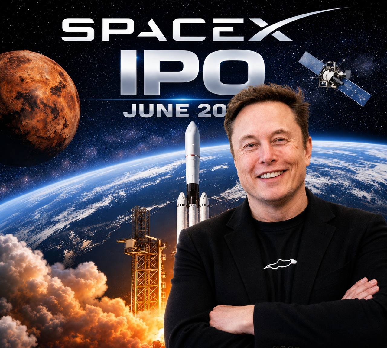 SpaceX IPO concept image with rocket launch, SpaceX name, and market-watch theme
