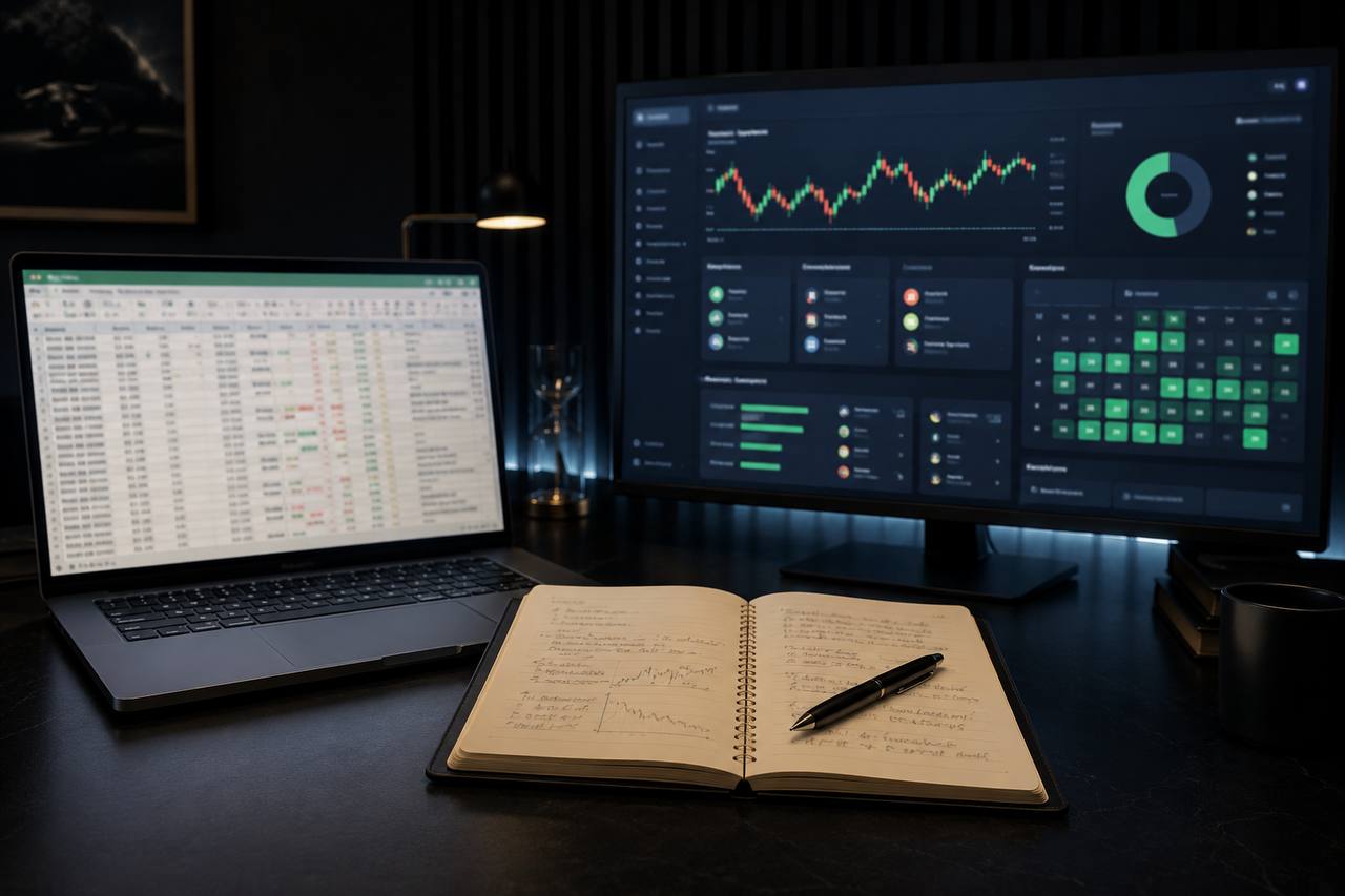 Trading journal comparison with a spreadsheet on a laptop, written notes, and a performance dashboard on a monitor