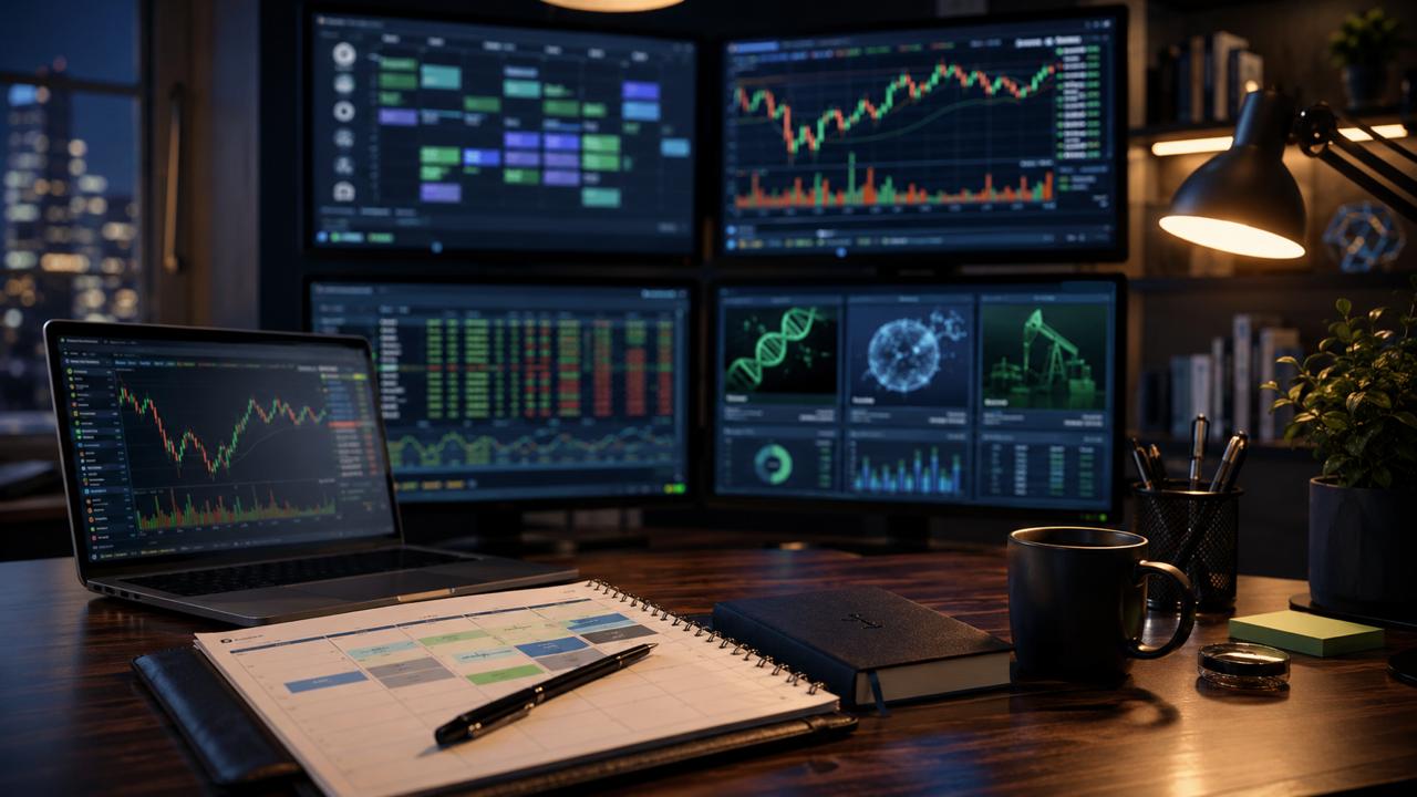 Dark trading desk with market charts, catalyst calendar, biotech and energy watchlist screens, and notes for April 27 small-cap momentum setups