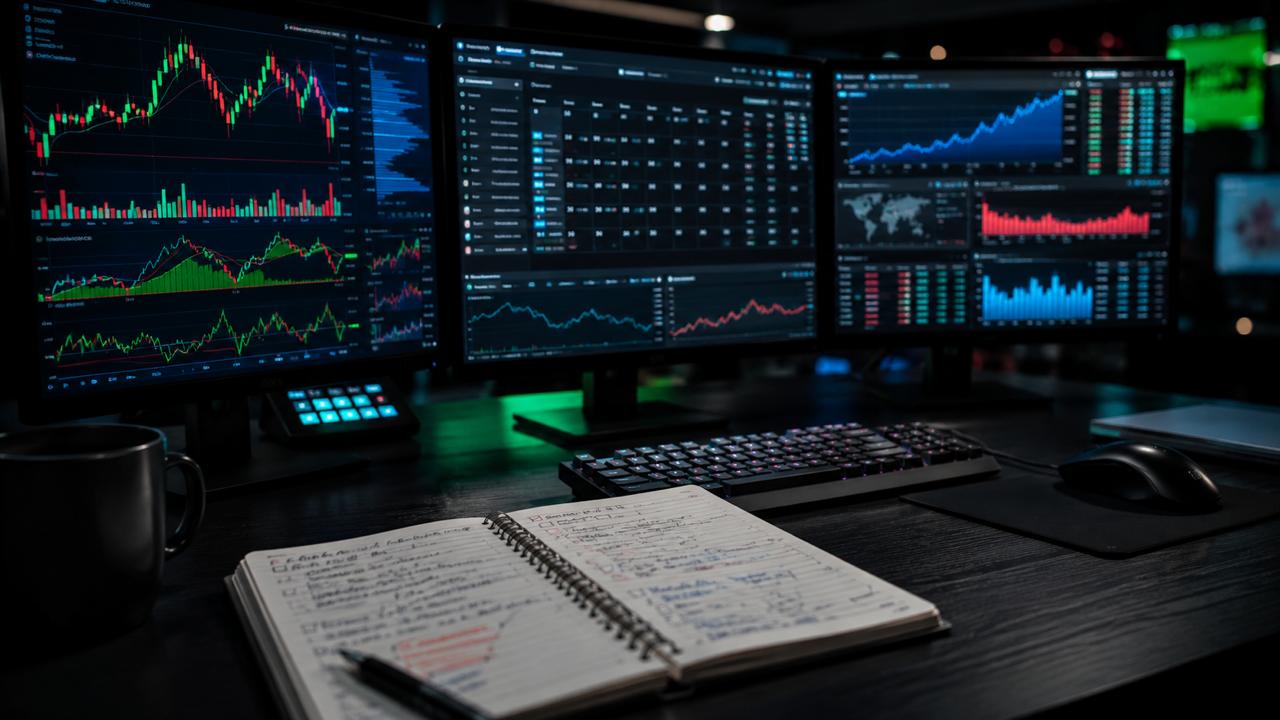 Dark trading desk with multi-monitor market charts, watchlist screens, and handwritten notes for May 4 small-cap momentum setups
