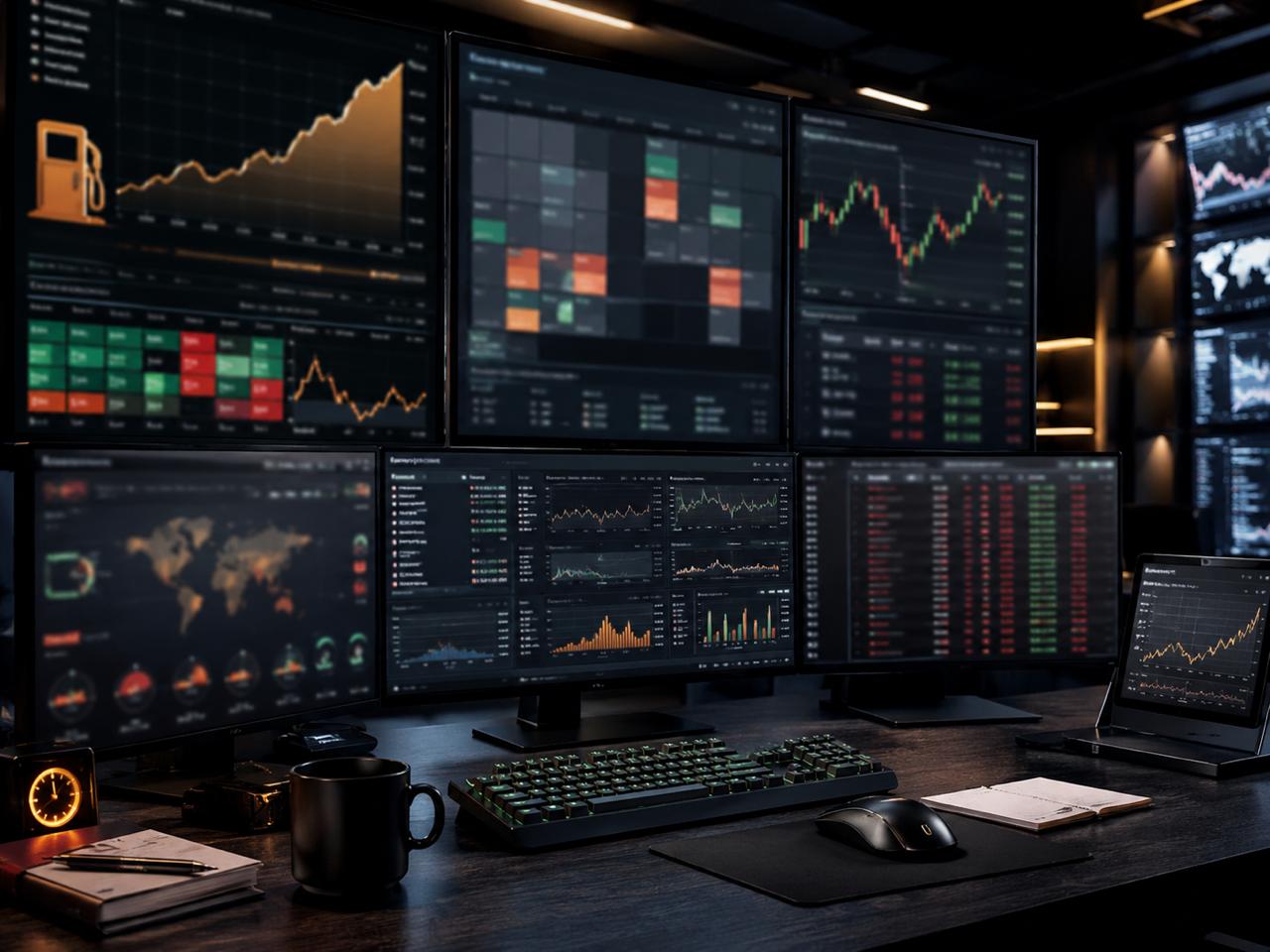 Dark trading desk with multi-monitor market dashboards, CPI week charts, oil data, and small-cap watchlist screens