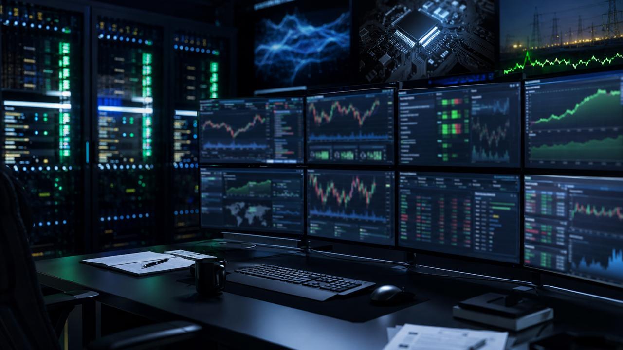 Dark trading desk with multiple market monitors, server racks, and green momentum charts for weekly small-cap watchlist analysis