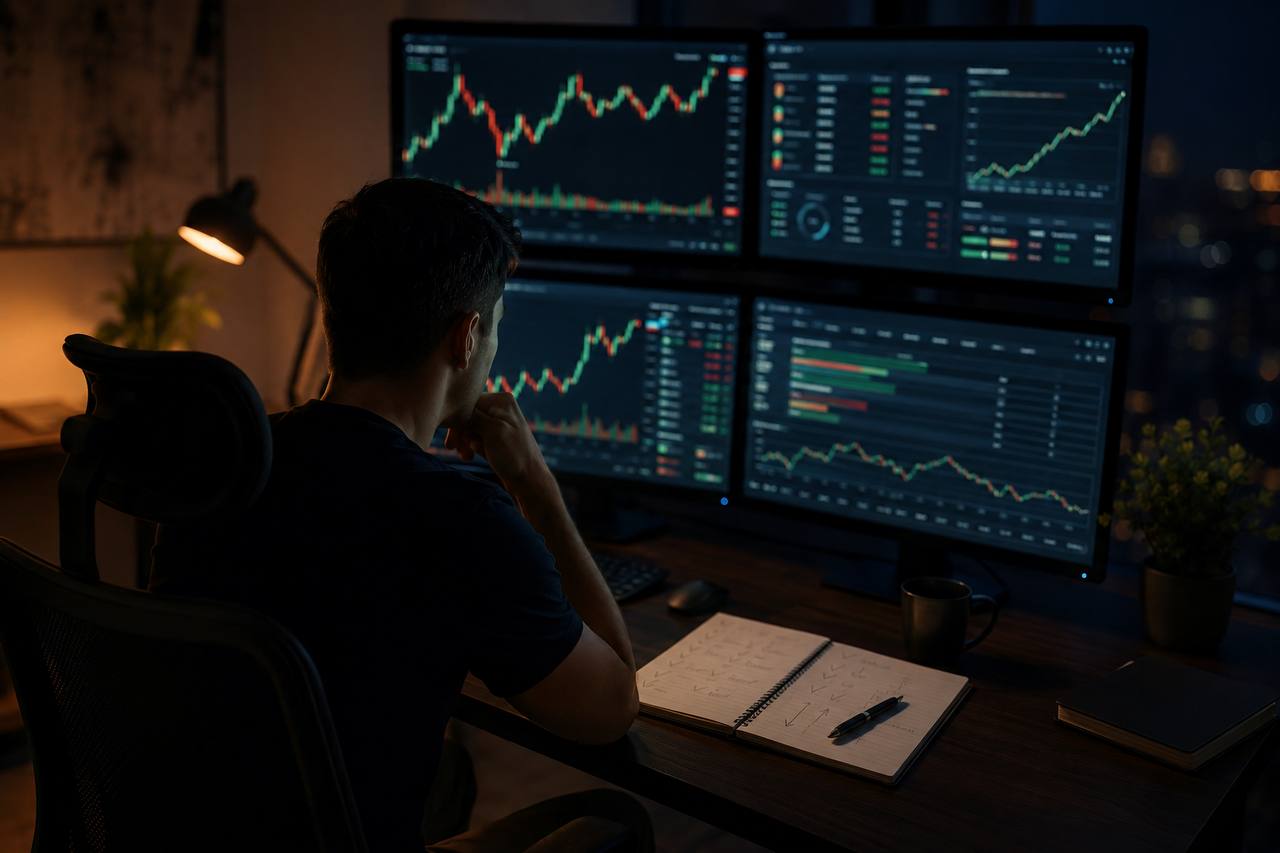 Trader reviewing market charts and notes at a dark multi-monitor workstation